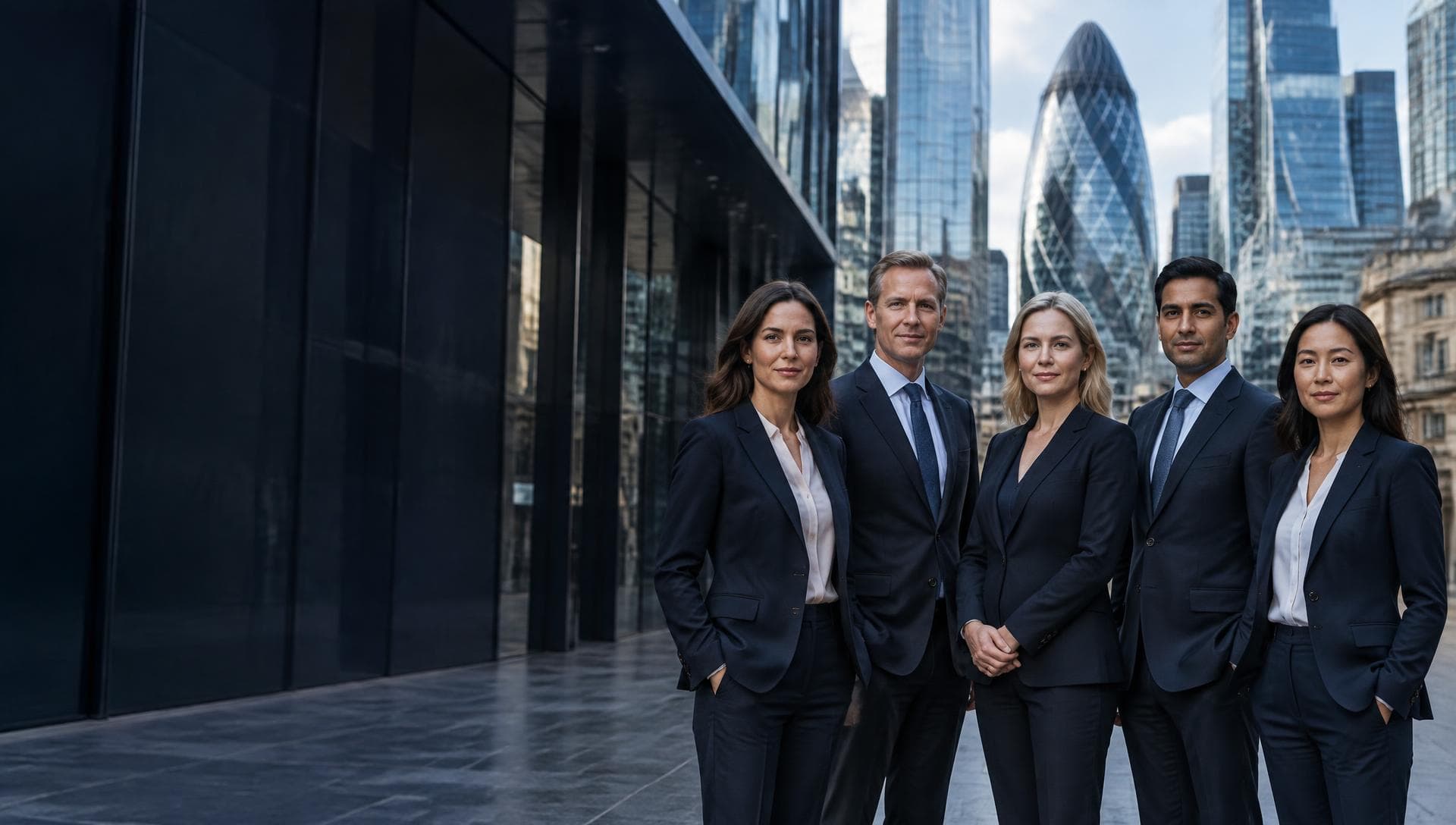 Équipe de financiers devant les gratte-ciel de la City de Londres (illustration générée)