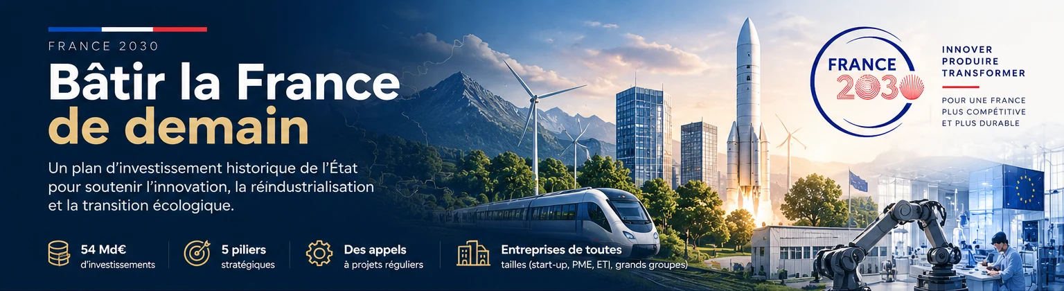 France 2030 — Bâtir la France de demain : un plan d'investissement historique de l'État pour soutenir l'innovation, la réindustrialisation et la transition écologique. 54 Md€ d'investissements, 5 piliers stratégiques, des appels à projets réguliers, pour les entreprises de toutes tailles (start-up, PME, ETI, grands groupes).